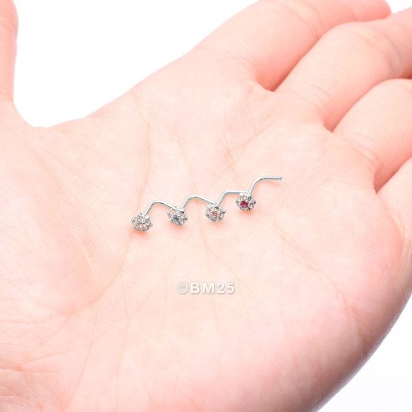 14 Karat White Gold Glistening Multi-Gem Flower Sparkle L-Shaped Nose Ring - Picture 3 of 5